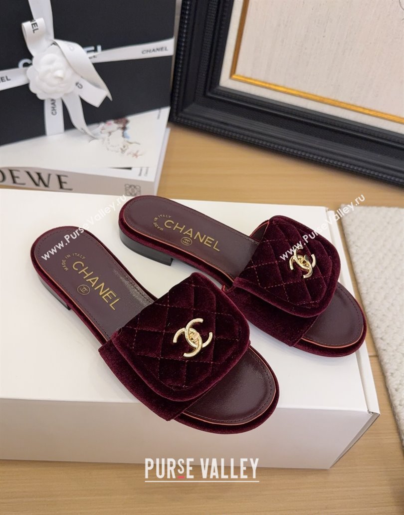 Chanel Velvet Flat Slides Sandal with Foldover G45474 Burgundy 2025 (MD-250415067)