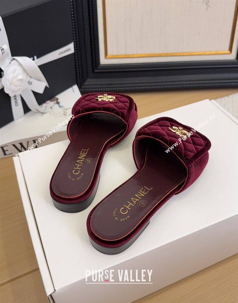 Chanel Velvet Flat Slides Sandal with Foldover G45474 Burgundy 2025 (MD-250415067)