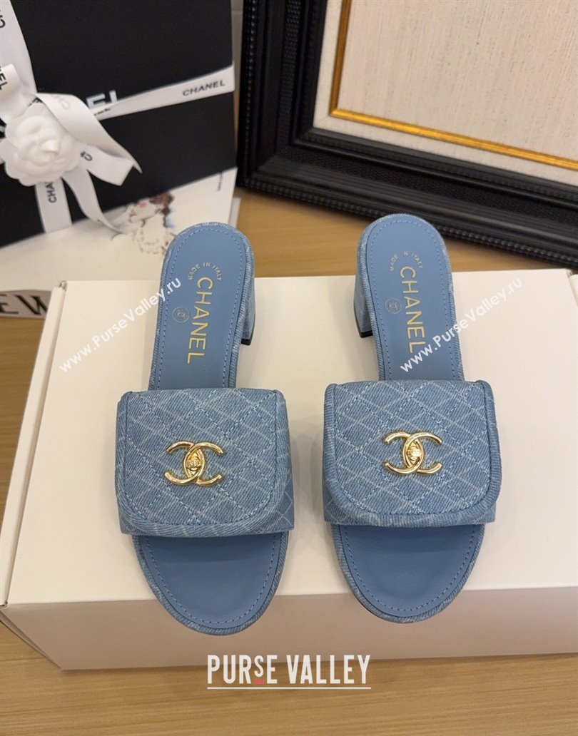 Chanel Quilted Denim Heel Slides Sandal 5cm with Foldover G45474 Light Blue 2025 (MD-250415051)