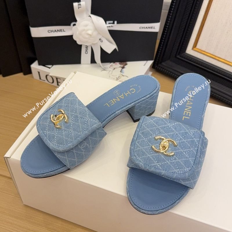Chanel Quilted Denim Heel Slides Sandal 5cm with Foldover G45474 Light Blue 2025 (MD-250415051)