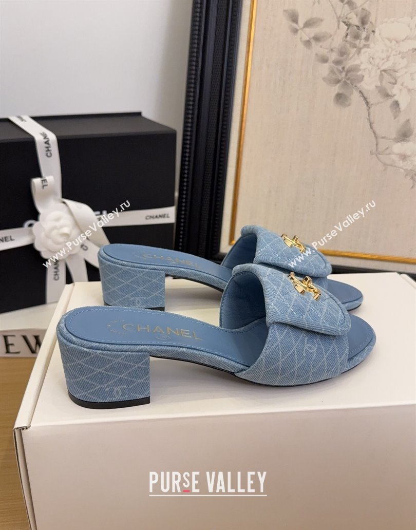 Chanel Quilted Denim Heel Slides Sandal 5cm with Foldover G45474 Light Blue 2025 (MD-250415051)
