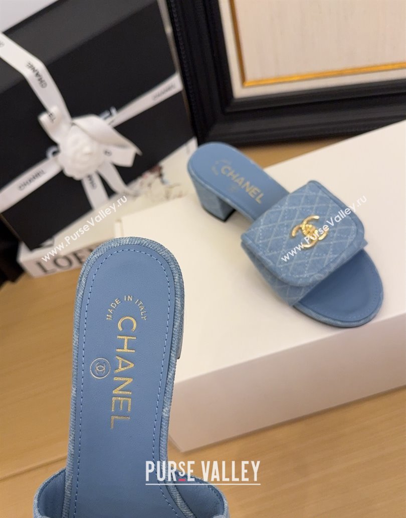 Chanel Quilted Denim Heel Slides Sandal 5cm with Foldover G45474 Light Blue 2025 (MD-250415051)