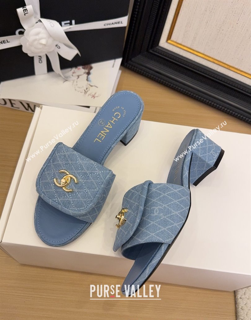 Chanel Quilted Denim Heel Slides Sandal 5cm with Foldover G45474 Light Blue 2025 (MD-250415051)