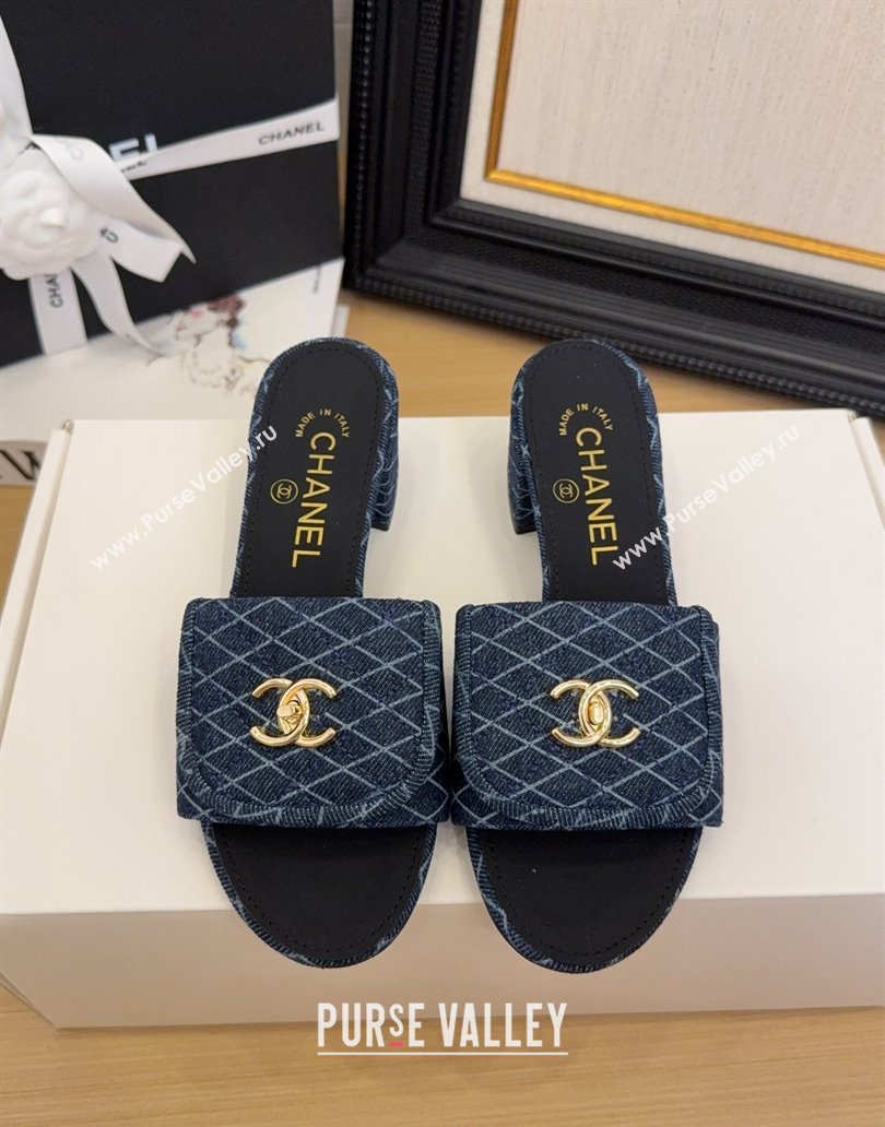 Chanel Quilted Denim Heel Slides Sandal 5cm with Foldover G45474 Dark Blue 2025 (MD-250415052)