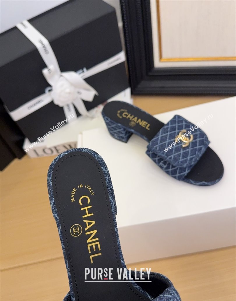 Chanel Quilted Denim Heel Slides Sandal 5cm with Foldover G45474 Dark Blue 2025 (MD-250415052)