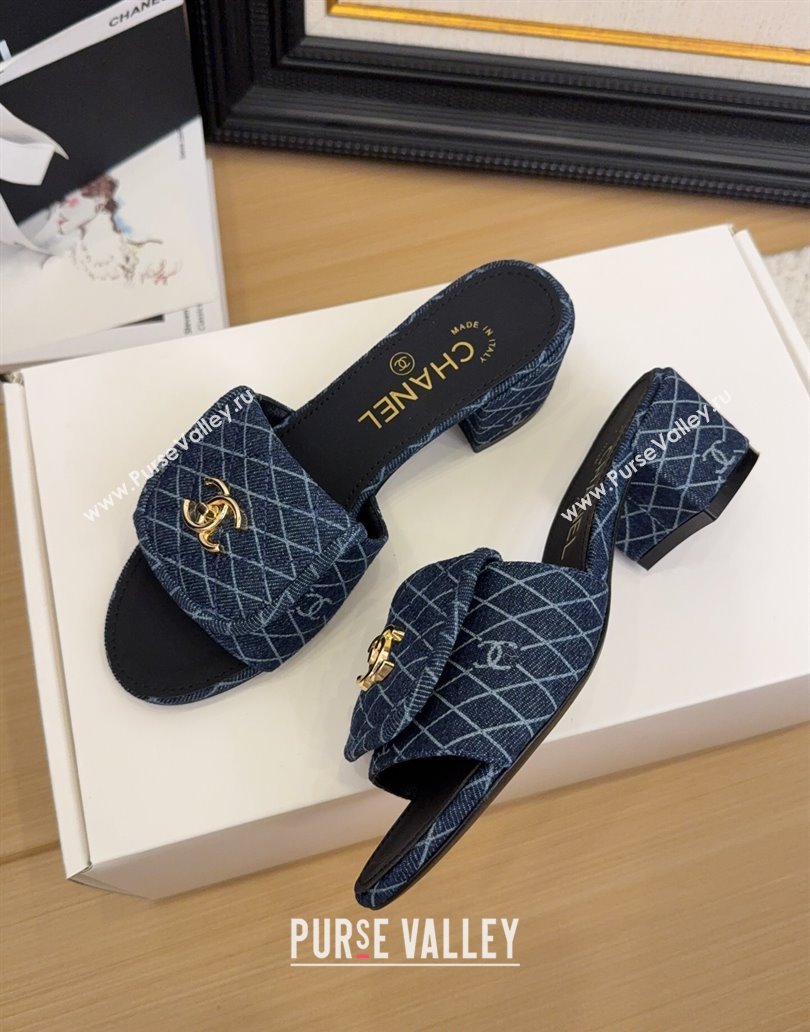 Chanel Quilted Denim Heel Slides Sandal 5cm with Foldover G45474 Dark Blue 2025 (MD-250415052)