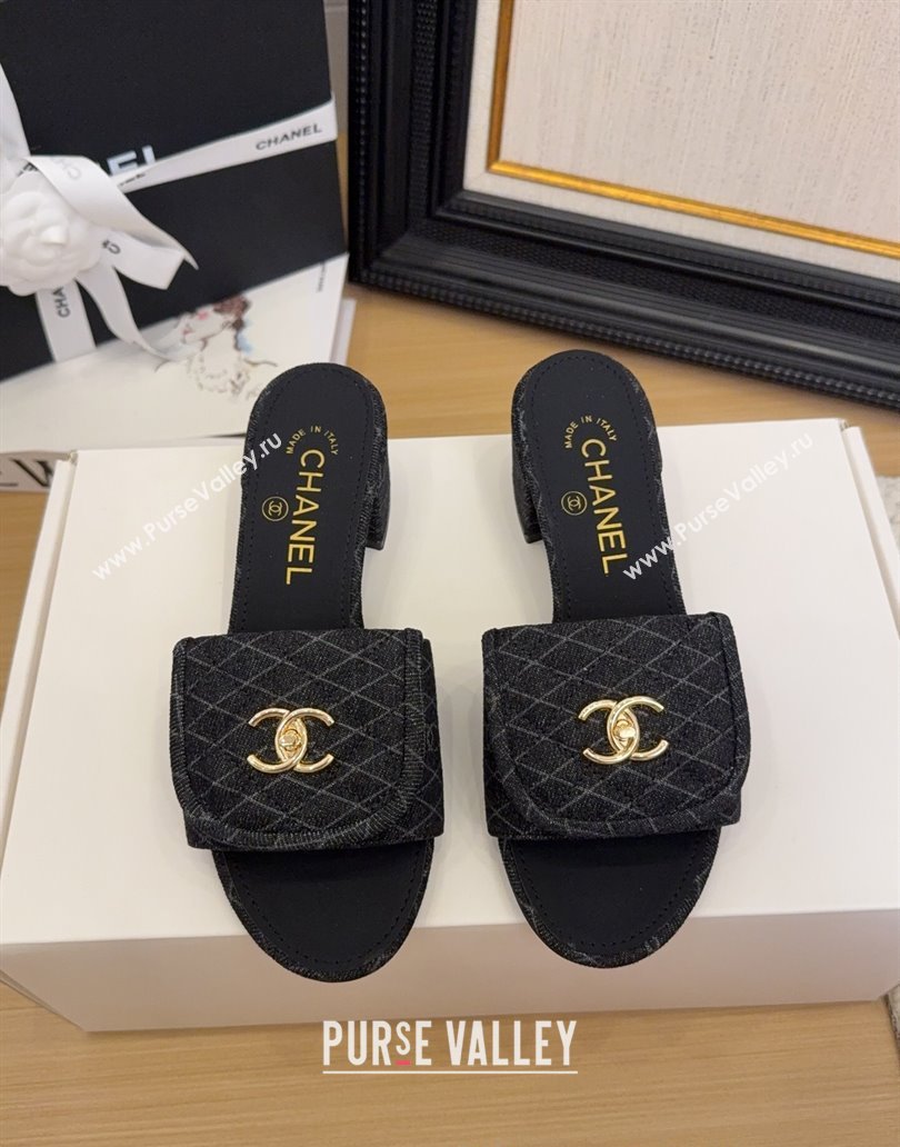 Chanel Quilted Denim Heel Slides Sandal 5cm with Foldover G45474 Black 2025 (MD-250415053)