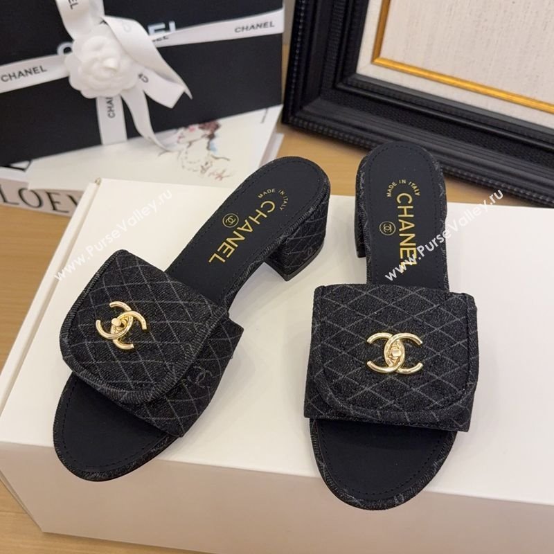 Chanel Quilted Denim Heel Slides Sandal 5cm with Foldover G45474 Black 2025 (MD-250415053)