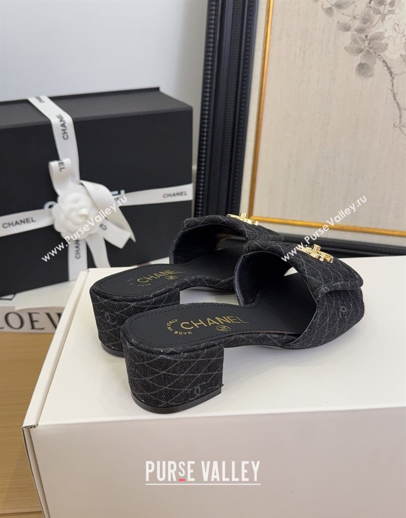 Chanel Quilted Denim Heel Slides Sandal 5cm with Foldover G45474 Black 2025 (MD-250415053)