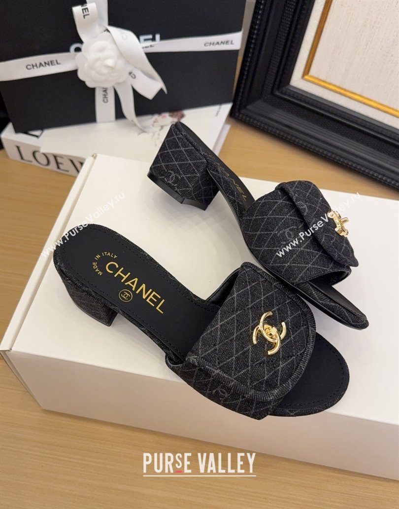 Chanel Quilted Denim Heel Slides Sandal 5cm with Foldover G45474 Black 2025 (MD-250415053)