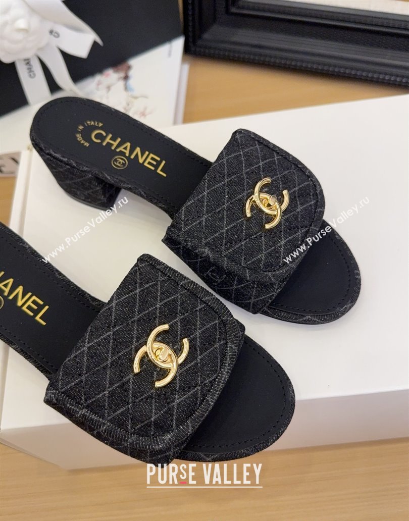 Chanel Quilted Denim Heel Slides Sandal 5cm with Foldover G45474 Black 2025 (MD-250415053)
