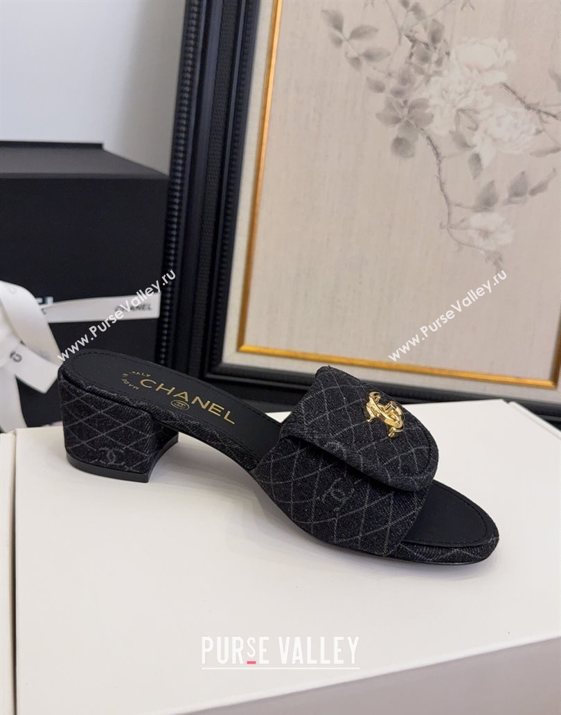 Chanel Quilted Denim Heel Slides Sandal 5cm with Foldover G45474 Black 2025 (MD-250415053)