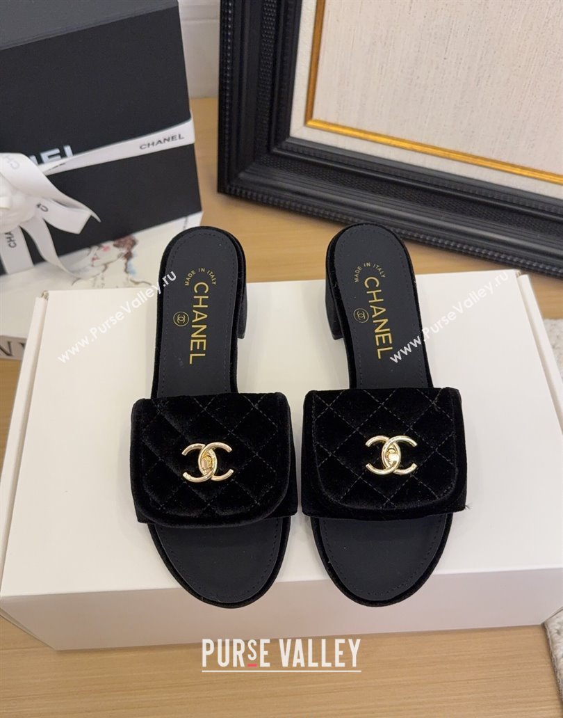 Chanel Velvet Heel Slides Sandal 5cm with Foldover G45474 Black 2025 (MD-250415068)