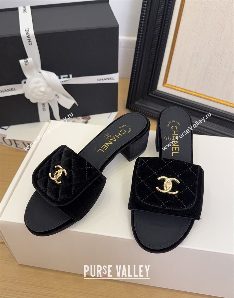 Chanel Velvet Heel Slides Sandal 5cm with Foldover G45474 Black 2025 (MD-250415068)