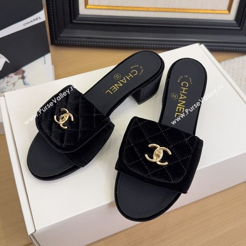 Chanel Velvet Heel Slides Sandal 5cm with Foldover G45474 Black 2025 (MD-250415068)