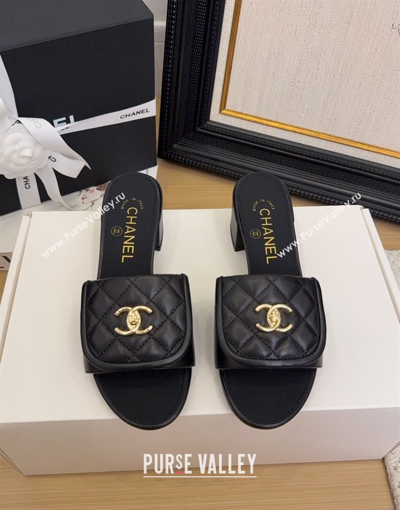 Chanel Quilted Lambskin Heel Slides Sandal 5cm with Foldover G45474 Black 2025 (MD-250415056)