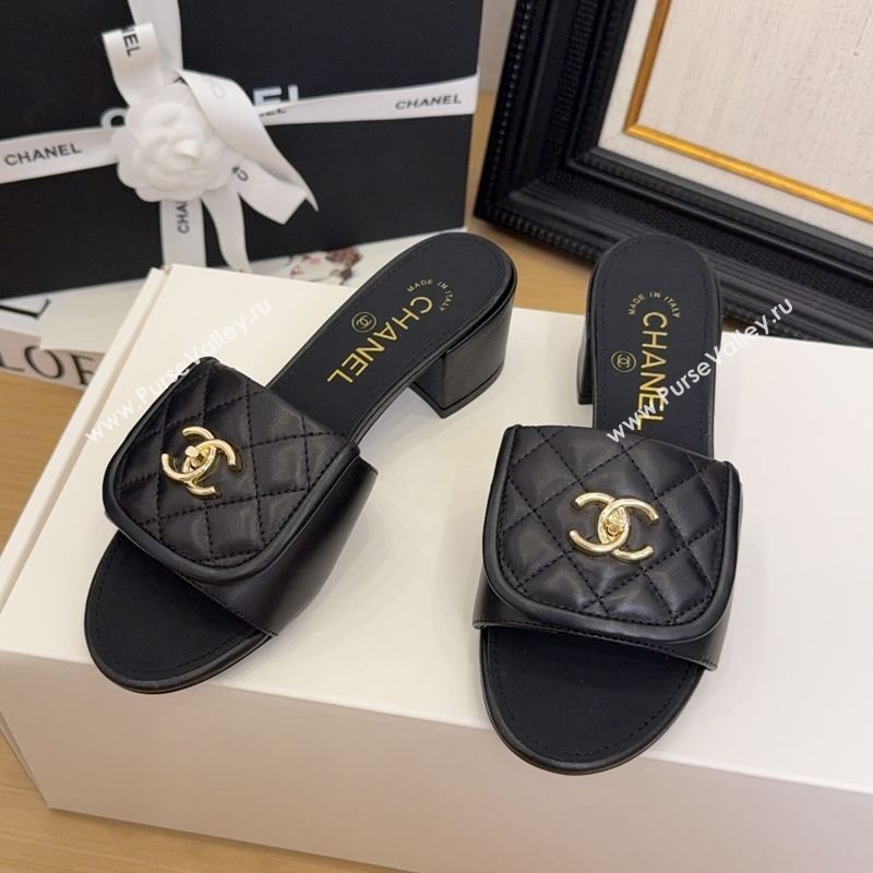 Chanel Quilted Lambskin Heel Slides Sandal 5cm with Foldover G45474 Black 2025 (MD-250415056)
