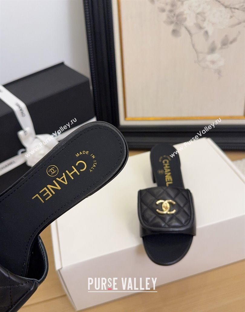 Chanel Quilted Lambskin Heel Slides Sandal 5cm with Foldover G45474 Black 2025 (MD-250415056)