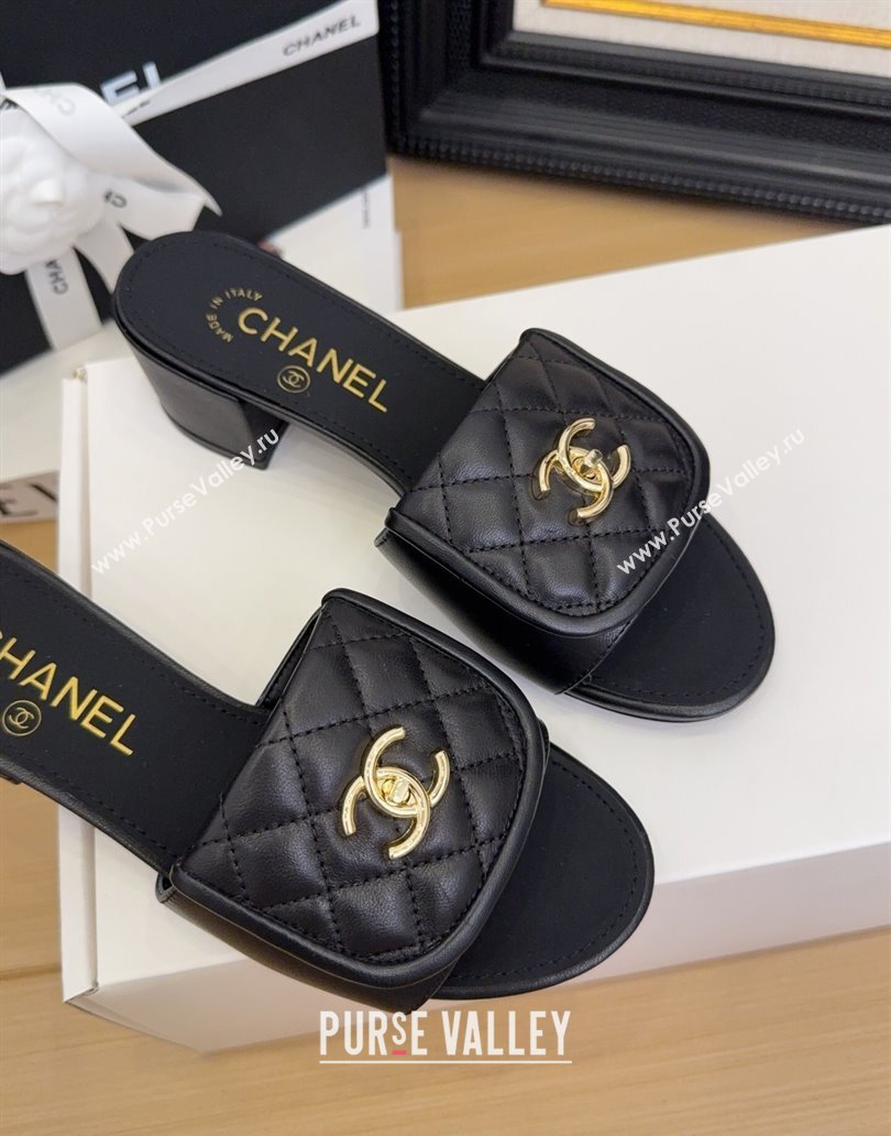 Chanel Quilted Lambskin Heel Slides Sandal 5cm with Foldover G45474 Black 2025 (MD-250415056)