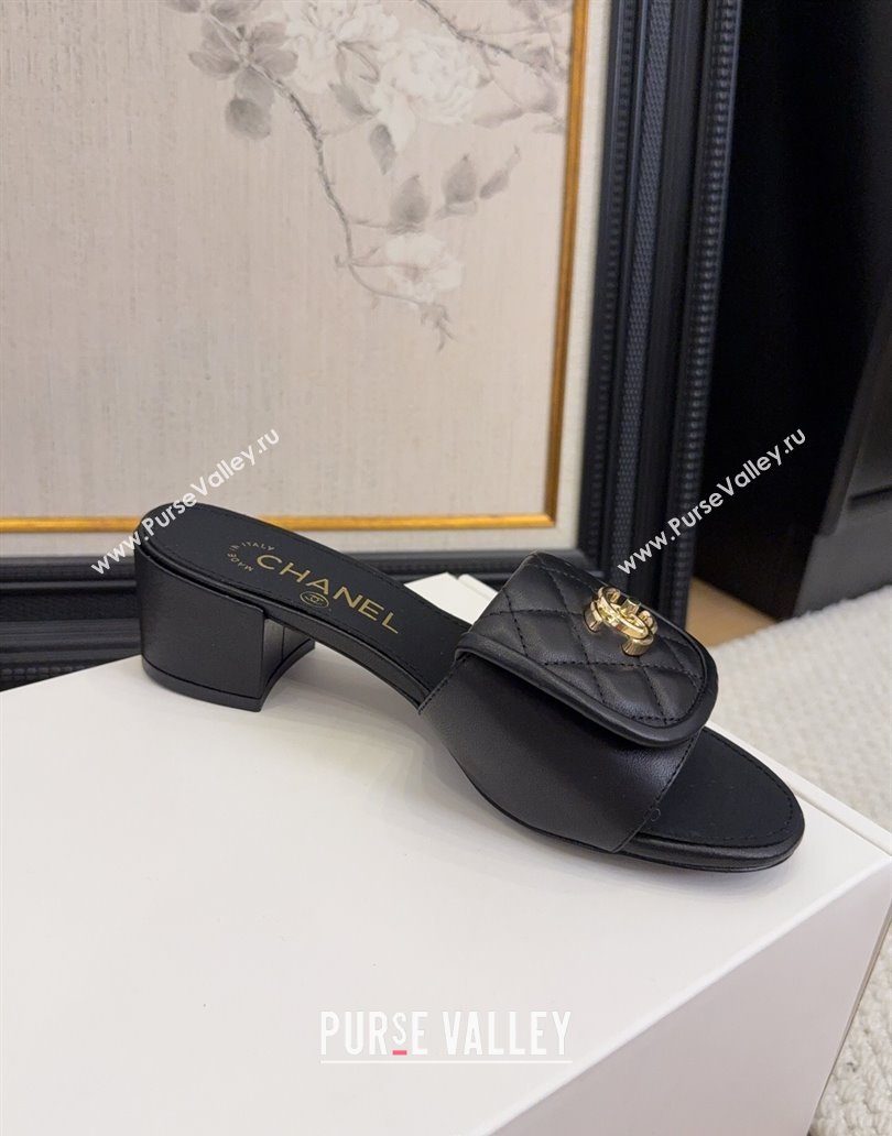 Chanel Quilted Lambskin Heel Slides Sandal 5cm with Foldover G45474 Black 2025 (MD-250415056)
