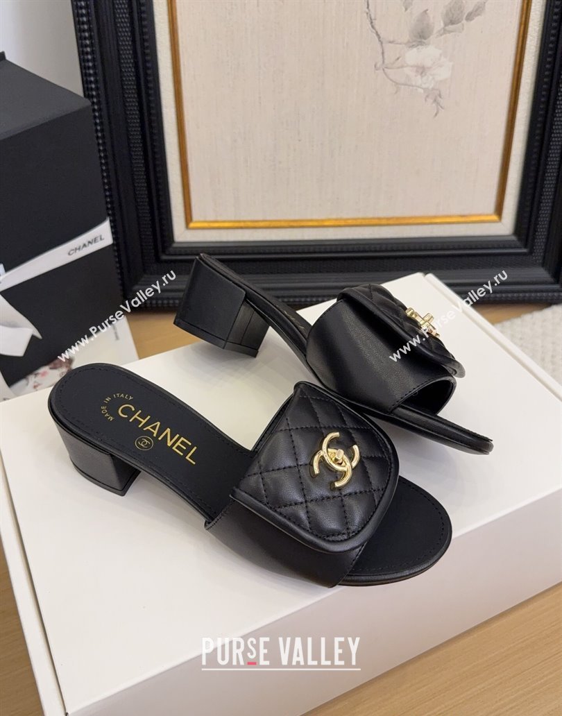 Chanel Quilted Lambskin Heel Slides Sandal 5cm with Foldover G45474 Black 2025 (MD-250415056)
