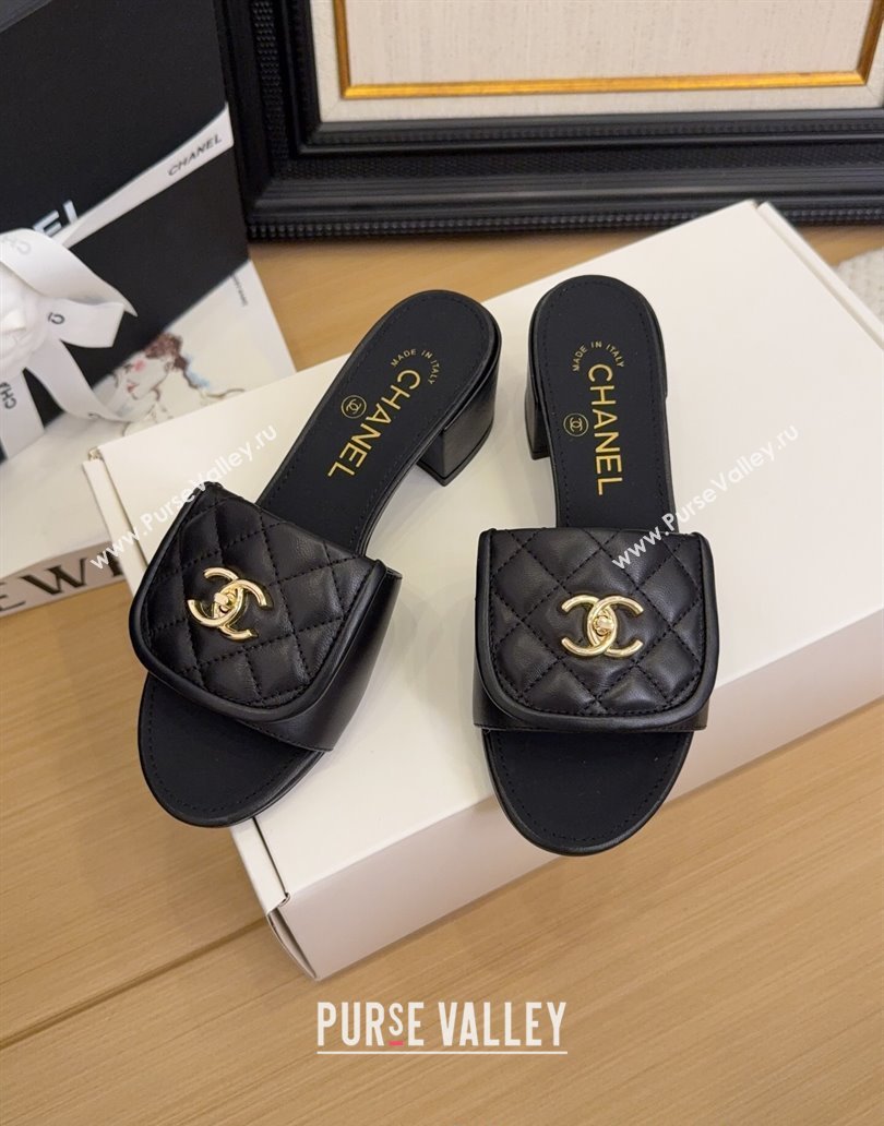 Chanel Quilted Lambskin Heel Slides Sandal 5cm with Foldover G45474 Black 2025 (MD-250415056)