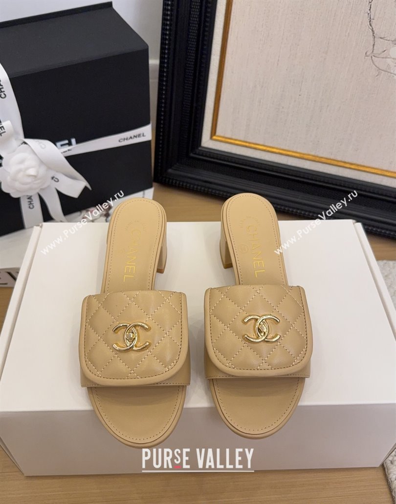 Chanel Quilted Lambskin Heel Slides Sandal 5cm with Foldover G45474 Beige 2025 (MD-250415058)