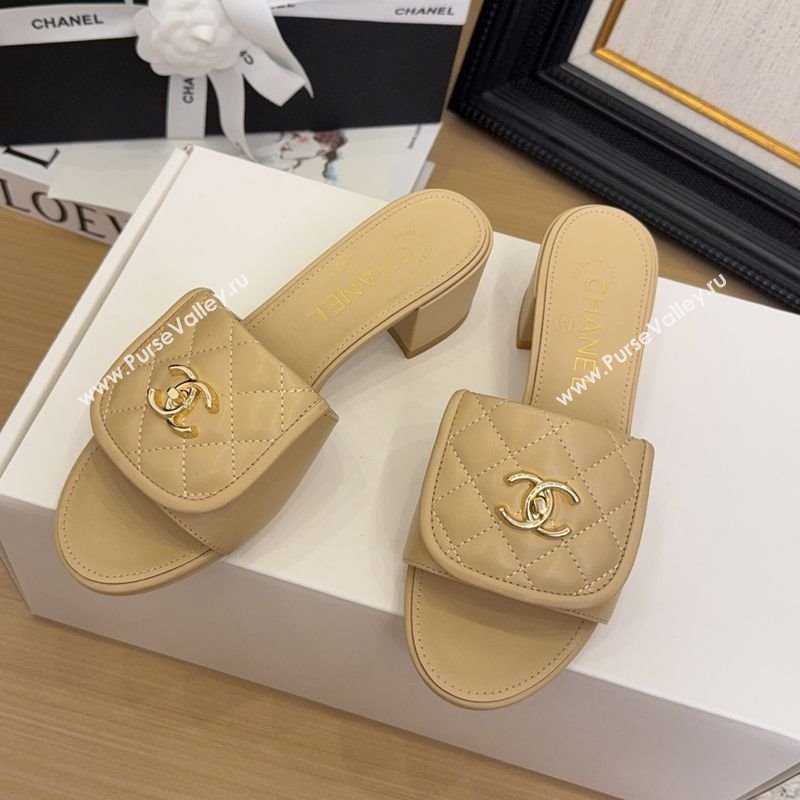 Chanel Quilted Lambskin Heel Slides Sandal 5cm with Foldover G45474 Beige 2025 (MD-250415058)