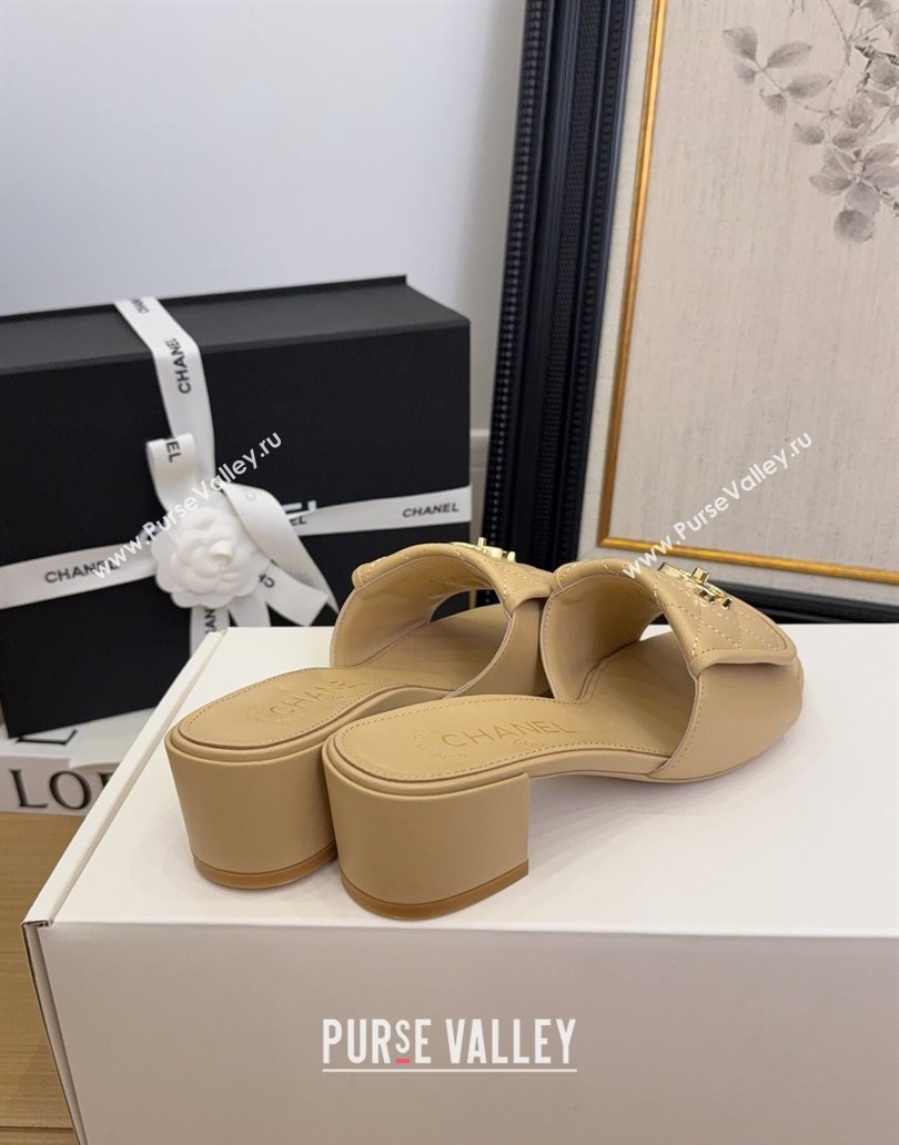 Chanel Quilted Lambskin Heel Slides Sandal 5cm with Foldover G45474 Beige 2025 (MD-250415058)