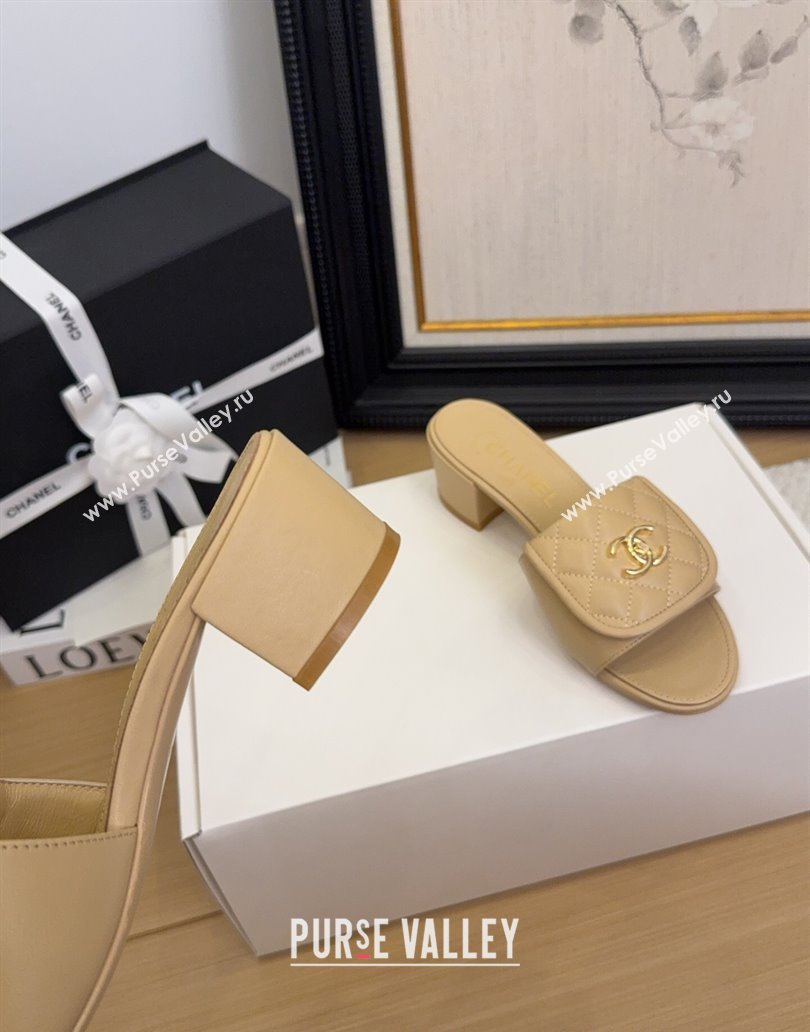 Chanel Quilted Lambskin Heel Slides Sandal 5cm with Foldover G45474 Beige 2025 (MD-250415058)