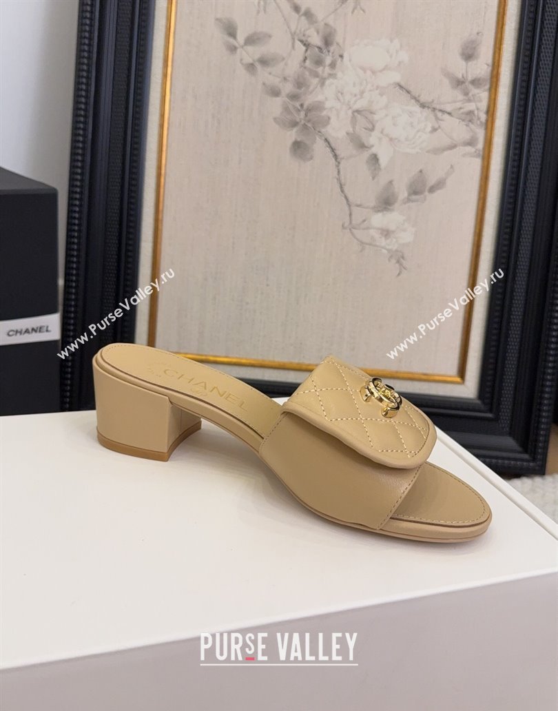 Chanel Quilted Lambskin Heel Slides Sandal 5cm with Foldover G45474 Beige 2025 (MD-250415058)