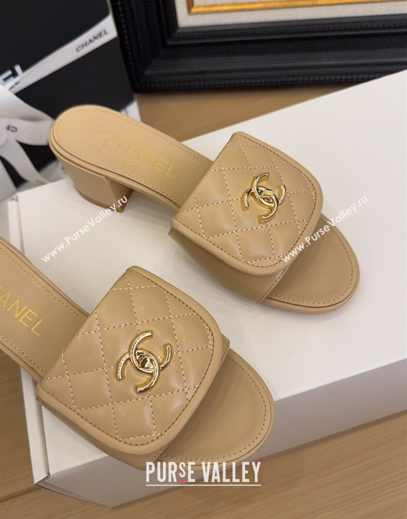 Chanel Quilted Lambskin Heel Slides Sandal 5cm with Foldover G45474 Beige 2025 (MD-250415058)