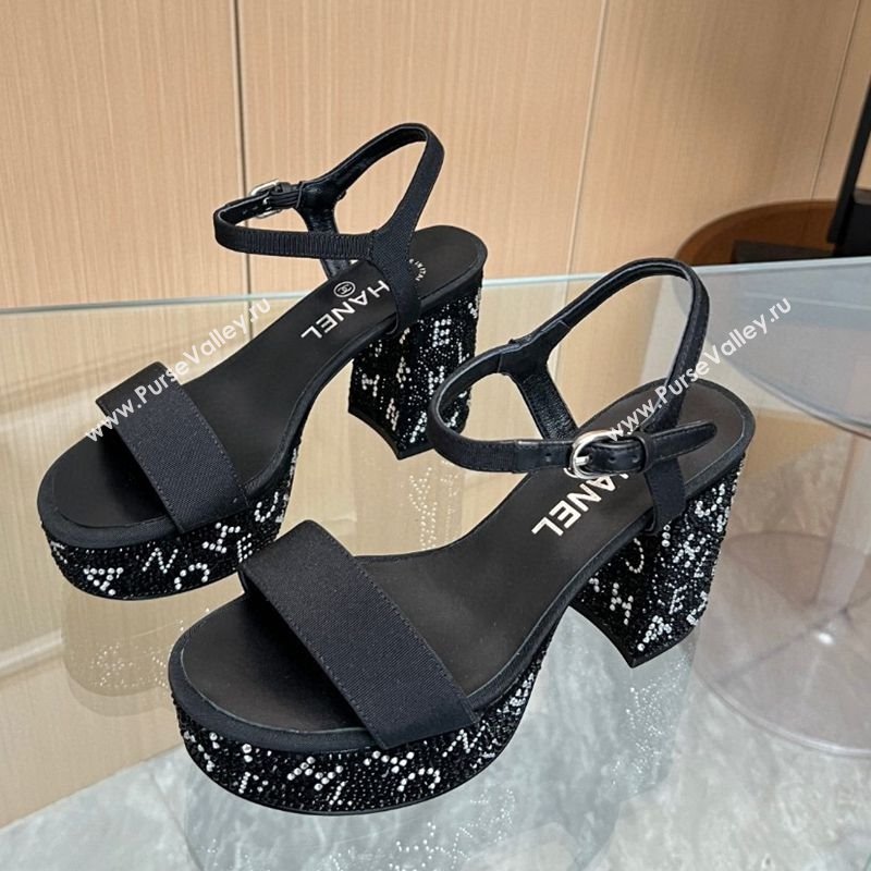 Chanel Grosgrain Strass Platform Sandals 9cm G45365 Black 2025 (MD-250415093)