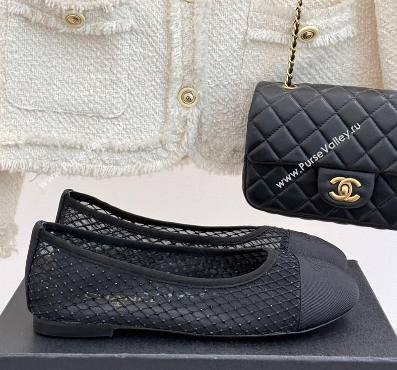Chanel Grosgrain Fishnet Mesh Ballet Flats with Strass Black 2025 CH041506 (MD-250415096)