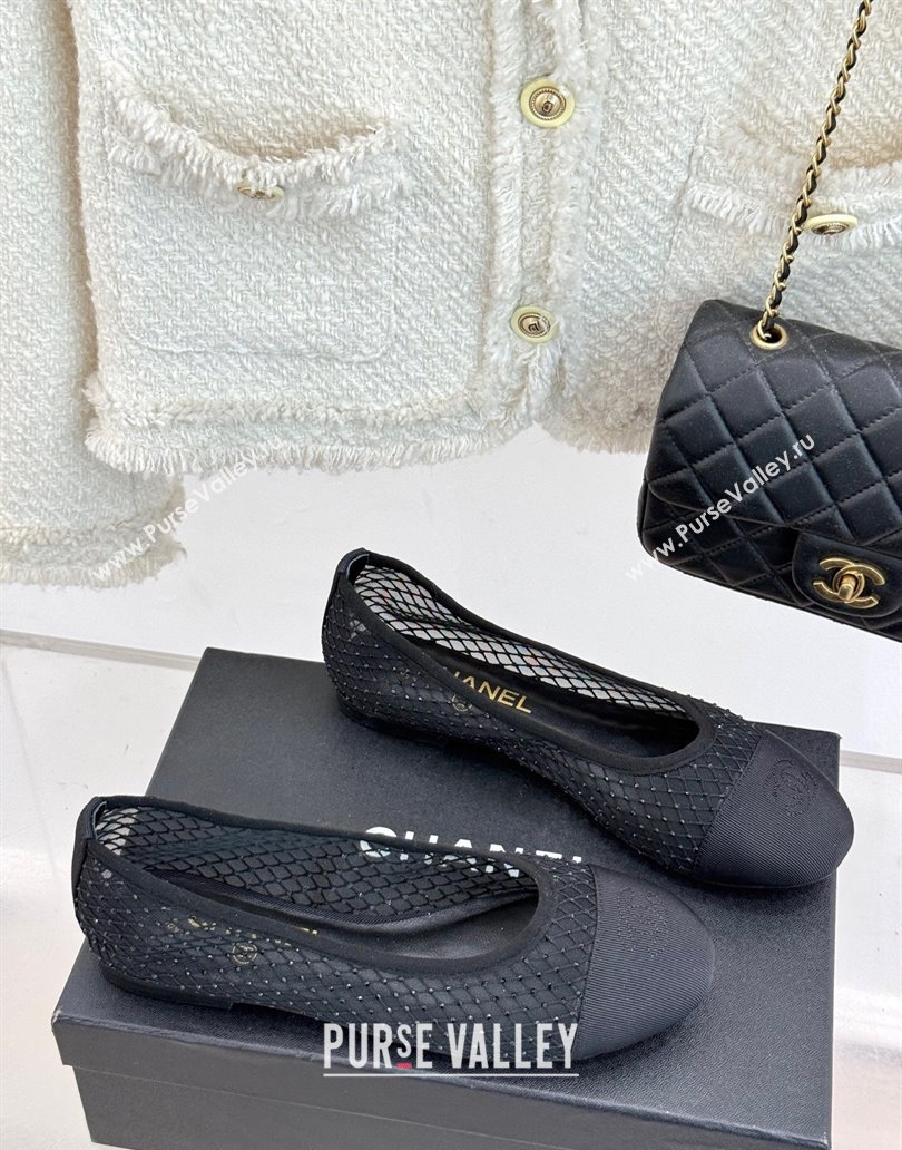 Chanel Grosgrain Fishnet Mesh Ballet Flats with Strass Black 2025 CH041506 (MD-250415096)