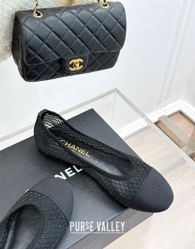 Chanel Grosgrain Fishnet Mesh Ballet Flats with Strass Black 2025 CH041506 (MD-250415096)