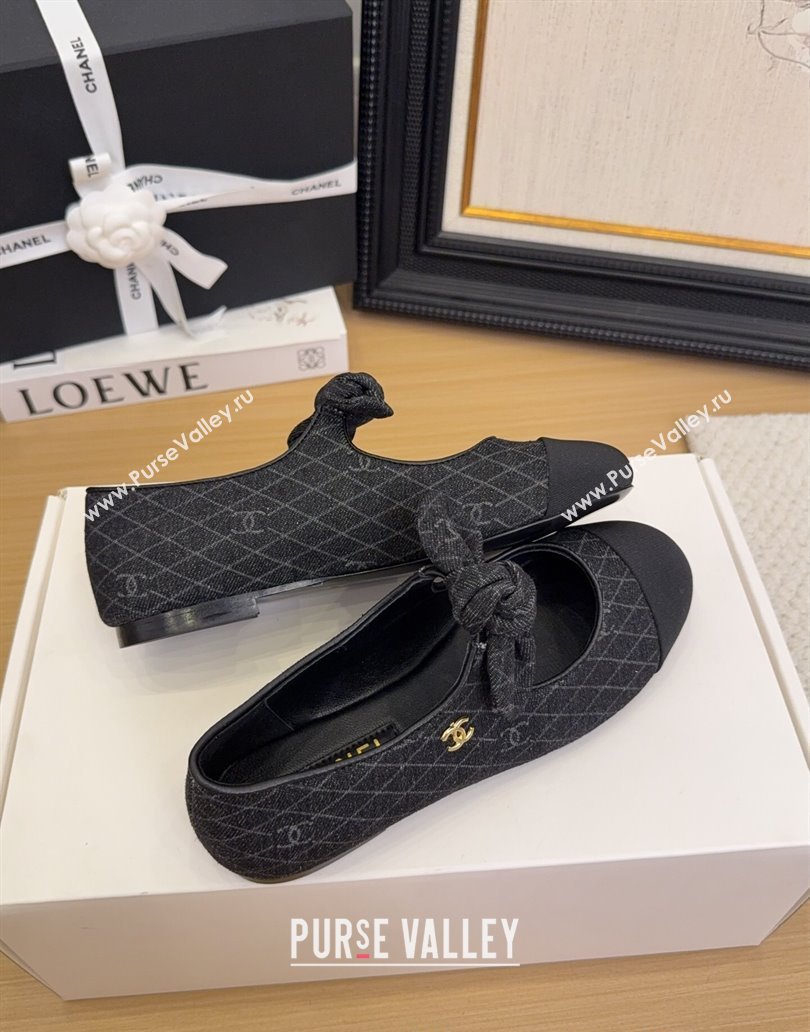 Chanel Quilted Denim Mary Janes Ballet Flats with Knot Bow Black 2025 G46149 (MD-250415001)