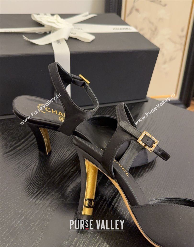 Chanel Satin High Heel Sandals with Strass Buckle 8.5cm G46167 Black 2025 (MD-250415117)