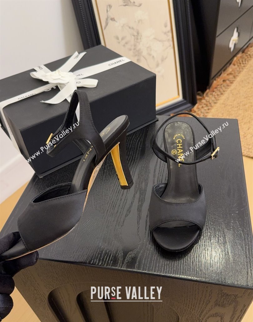 Chanel Satin High Heel Sandals with Strass Buckle 8.5cm G46167 Black 2025 (MD-250415117)