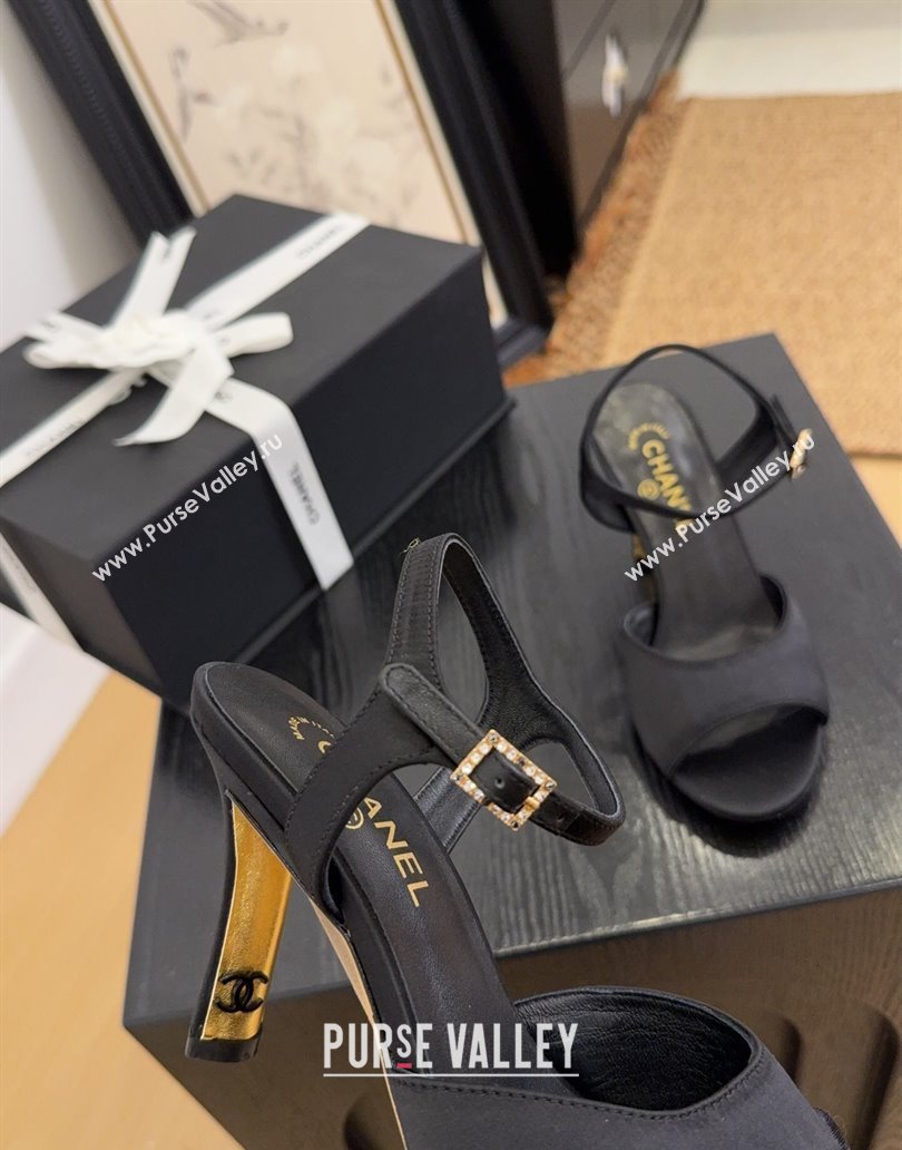 Chanel Satin High Heel Sandals with Strass Buckle 8.5cm G46167 Black 2025 (MD-250415117)