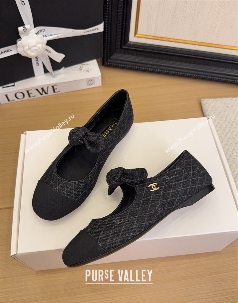 Chanel Quilted Denim Mary Janes Ballet Flats with Knot Bow Black 2025 G46149 (MD-250415001)