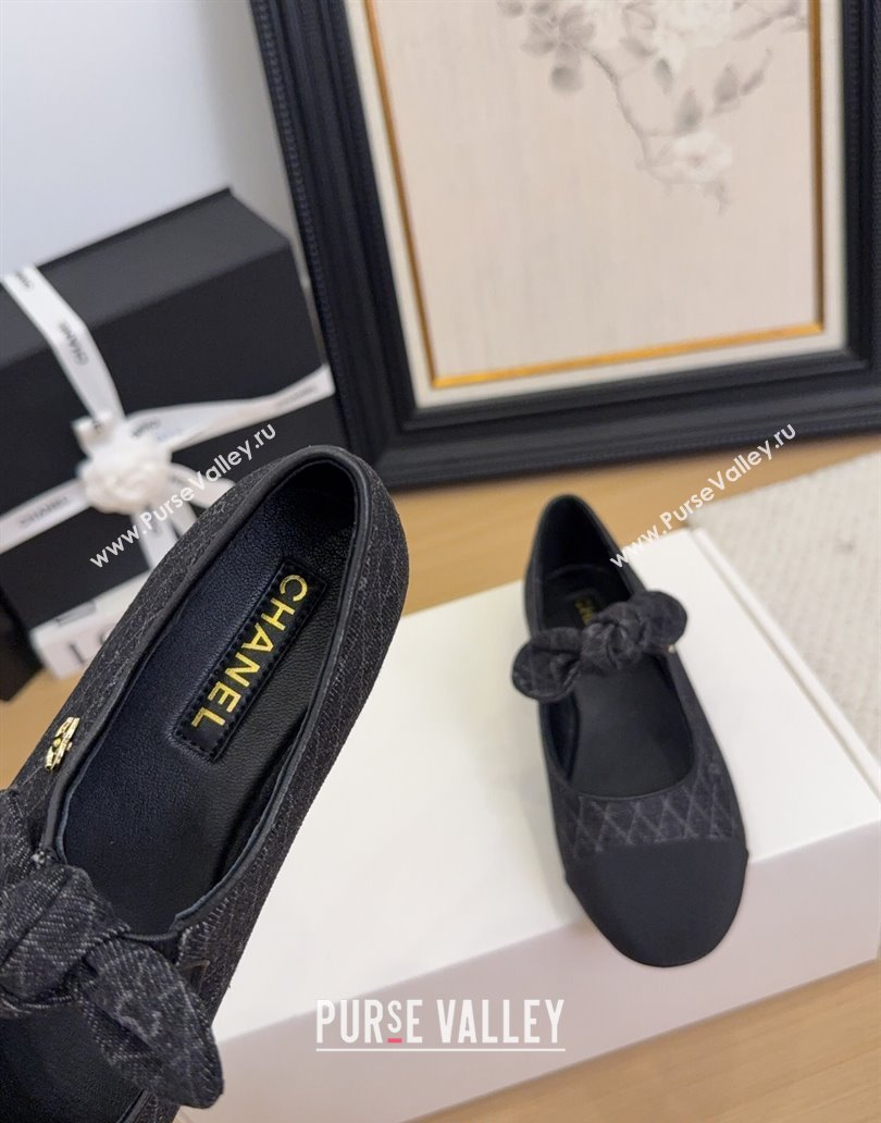 Chanel Quilted Denim Mary Janes Ballet Flats with Knot Bow Black 2025 G46149 (MD-250415001)