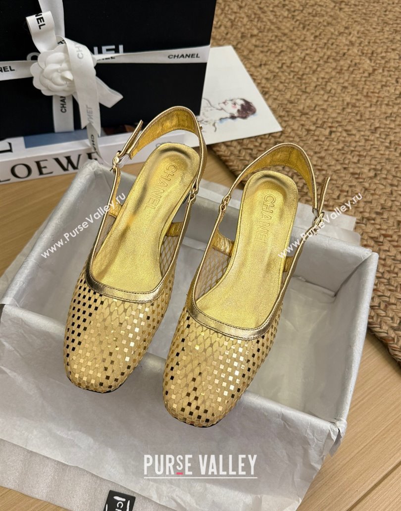 Chanel Fishnet Calfskin Heel Slingback Pumps Gold 2025 CH041510 (MD-250415138)