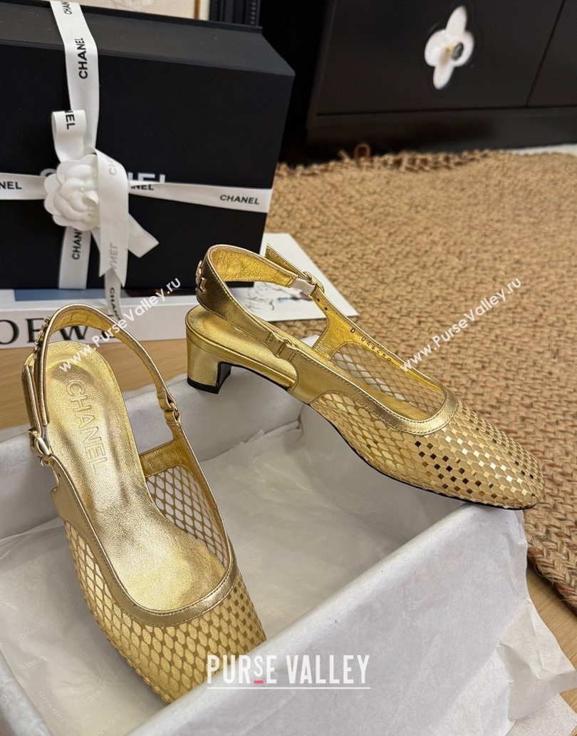 Chanel Fishnet Calfskin Heel Slingback Pumps Gold 2025 CH041510 (MD-250415138)