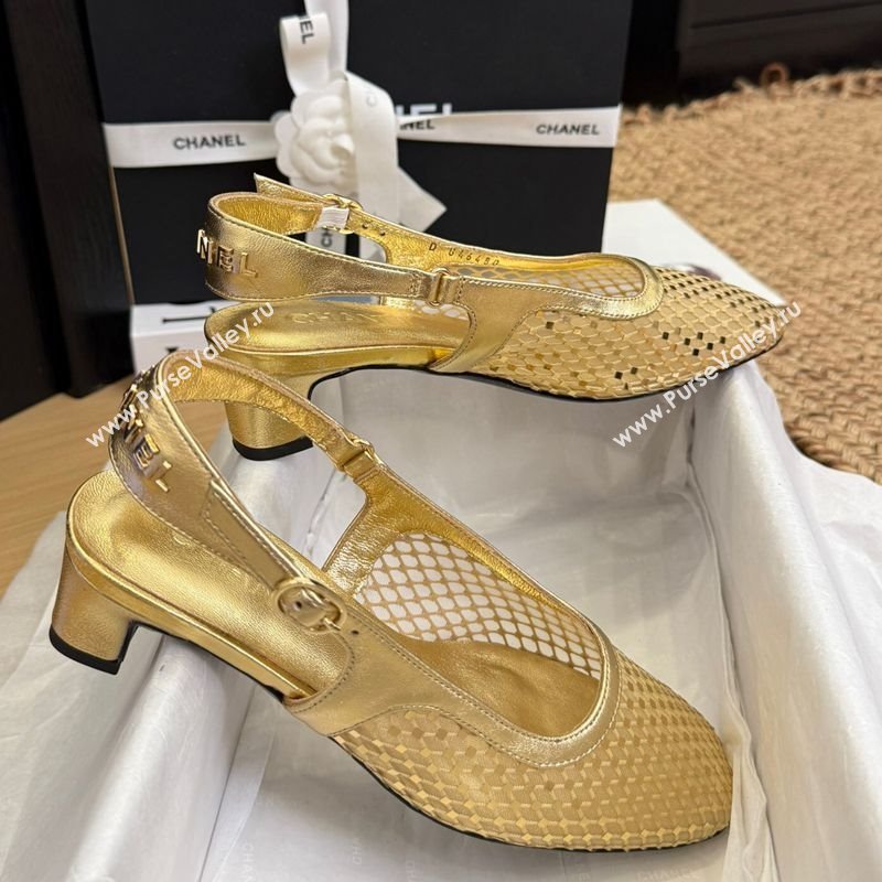 Chanel Fishnet Calfskin Heel Slingback Pumps Gold 2025 CH041510 (MD-250415138)