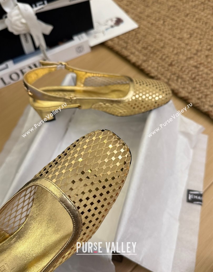Chanel Fishnet Calfskin Heel Slingback Pumps Gold 2025 CH041510 (MD-250415138)