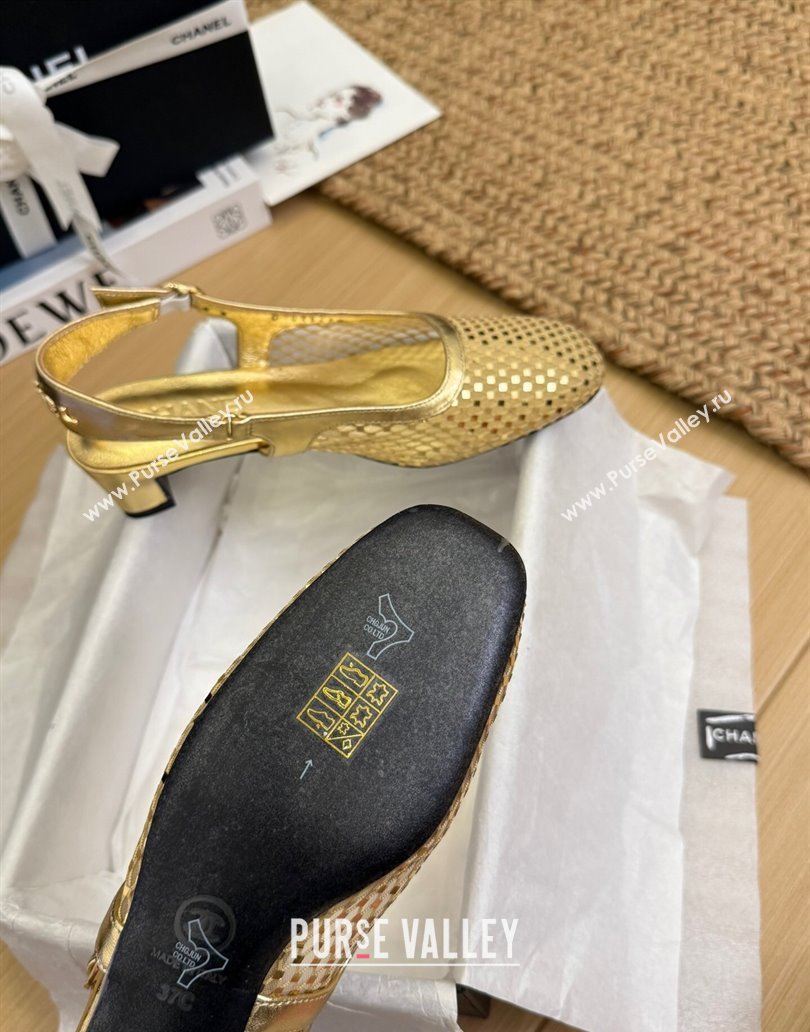 Chanel Fishnet Calfskin Heel Slingback Pumps Gold 2025 CH041510 (MD-250415138)