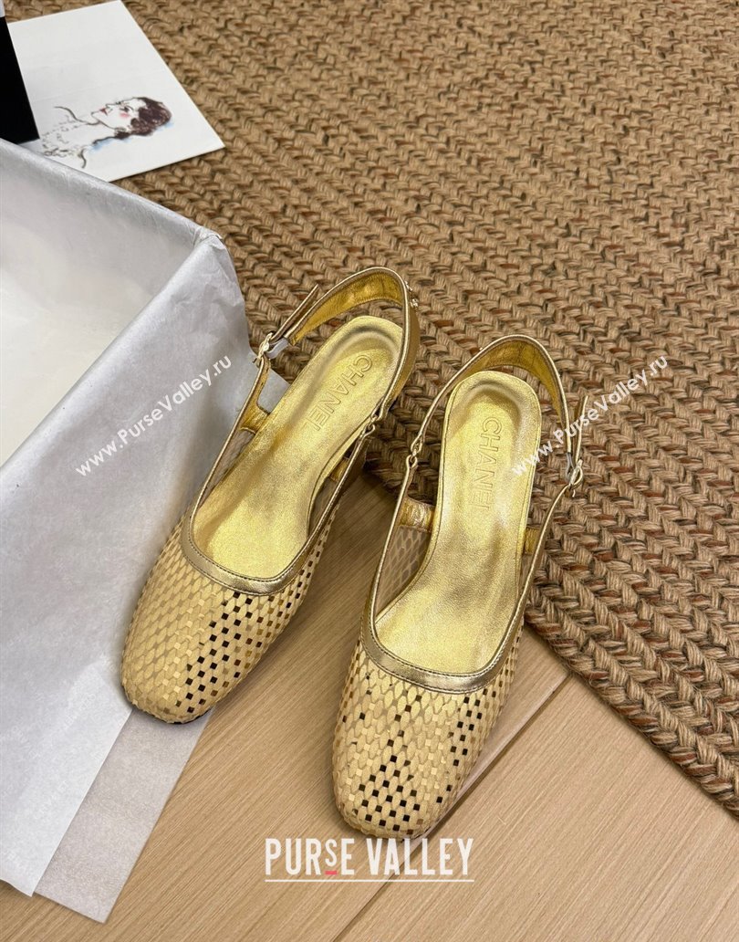 Chanel Fishnet Calfskin Heel Slingback Pumps Gold 2025 CH041510 (MD-250415138)