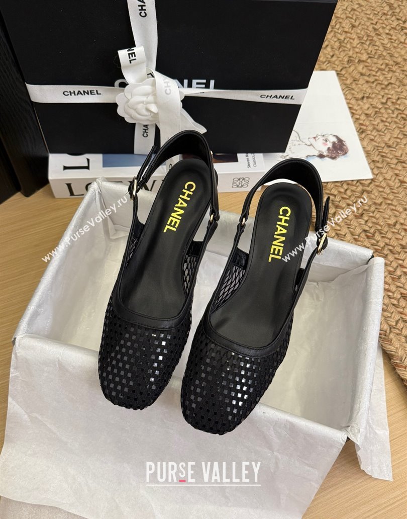 Chanel Fishnet Calfskin Heel Slingback Pumps Black 2025 CH041510 (MD-250415139)