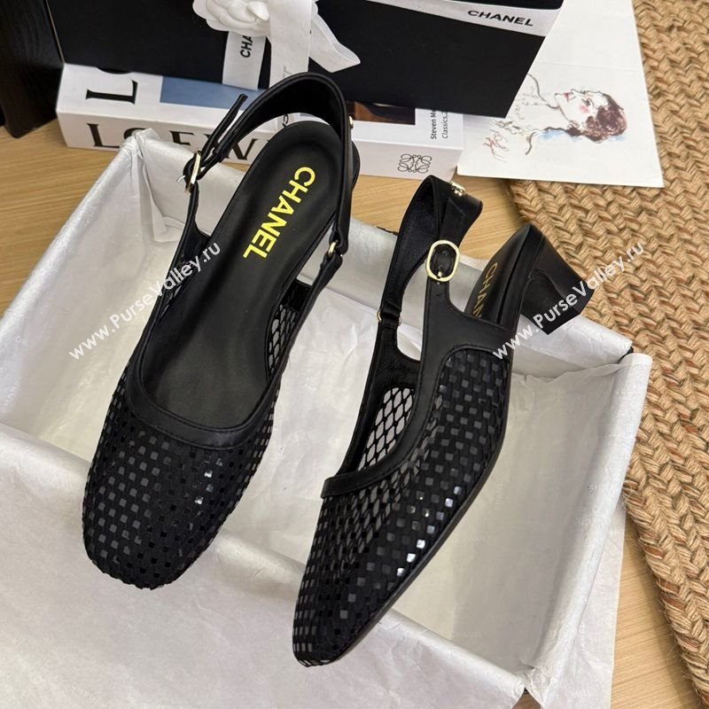 Chanel Fishnet Calfskin Heel Slingback Pumps Black 2025 CH041510 (MD-250415139)